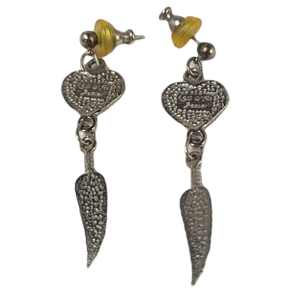 Vintage Pewter Turquoise Heart Feather Dangle Earrings Signed EGE 1991 Southwest - Picture 2 of 4